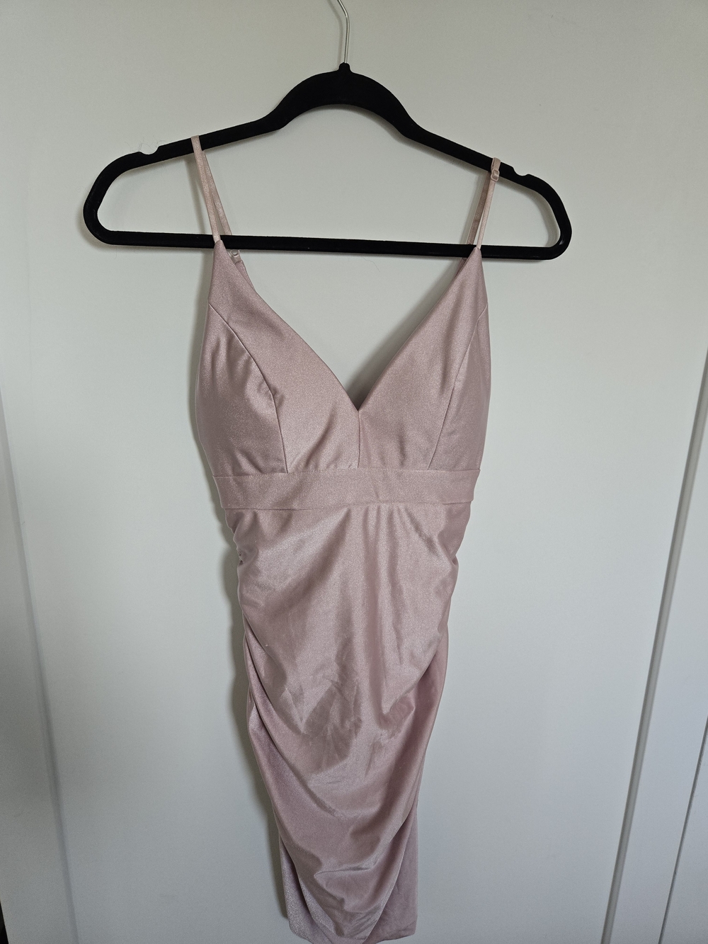 le chateau Blush Pink Satin Ruched V-Neck Mini Dress